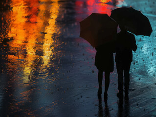 Silhouette of a couple standing under a shared umbrella in the rain. The soft glow of streetlights reflecting on wet pavement adds a touch of magic. A symbol of love enduring through storms.