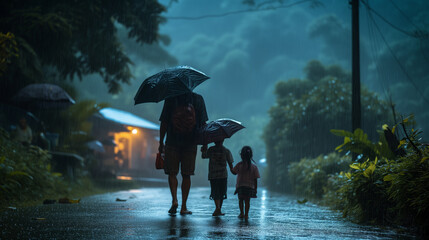 Father with two children walking along the road with umbrellas in the rain - obrazy, fototapety, plakaty