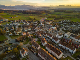 Aerial panorama view to lake Zug and Swiss Alps with Mettmenstetten, Switzerland