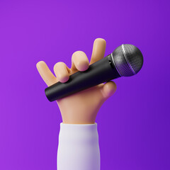 Cartoon hand holding microphone and showing horns or rock gesture isolated over purple background. 3d rendering.