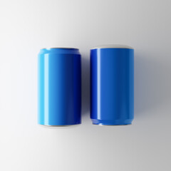 Blue aluminum soda cans isolated over white background. Top view. Mockup template. 3d rendering.