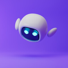 Cute robot flying with hands behind isolated over purple background. Technology concept. 3d rendering.