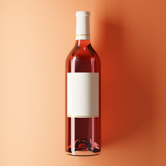 Glass bottle of rose wine with blank label isolated over orange background. Top view. Mockup template. 3d rendering.