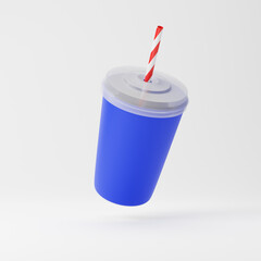 Falling cardboard cup with a straw isolated over white background. Fast food concept. 3D rendering.
