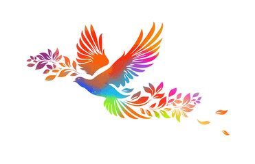 Obraz premium Peace bird. Colored dove with a twig abstraction. hand drawing. Not AI, Vector illustration