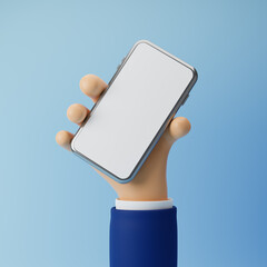 Businessman cartoon hand holding smartphone with blank screen isolated over blue background. 3d rendering.