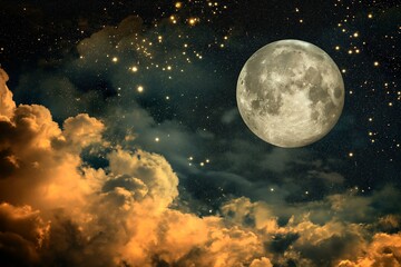Naklejka na ściany i meble Majestic Moon Amidst a Starry Sky and Cotton-Like Clouds
