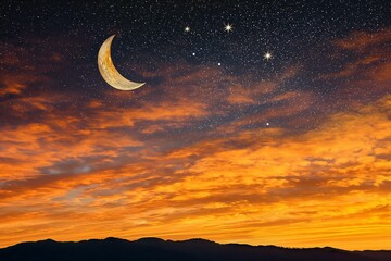 Obraz na płótnie Canvas Starry Twilight with Crescent Moon over Amber Skies