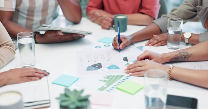 Hands, charts and business people with brainstorming, documents and teamwork with graphs, ideas or social media for subscription growth and SEO analyst with statistics, sticky note and cooperation