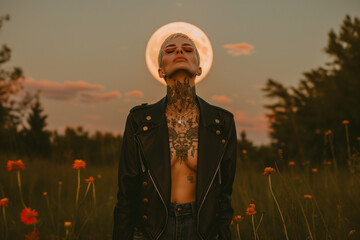 Tattooed woman with moon halo in twilight meadow Generative AI image
