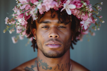 Man with floral crown in a serene portrait Generative AI image