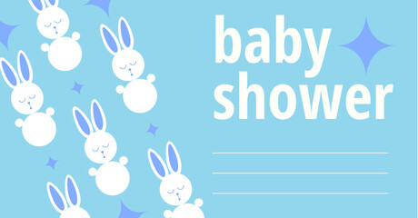 It's a boy it's vector greeting card for baby shower and gender party. Baby announcement card design element rabbit. Sweet Bunny on blue background.	
Baby shower
