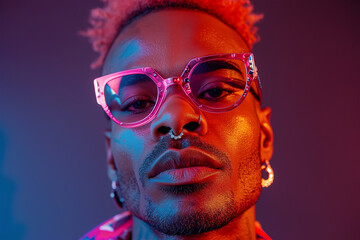 Fashion-forward young man with pink sunglasses in neon light Generative AI image