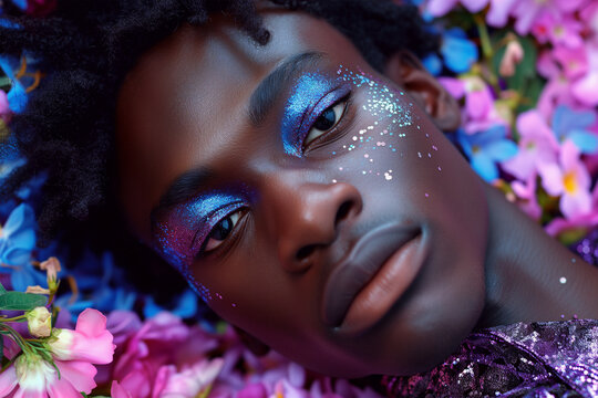 Striking portrait of a man with glitter makeup and flowers Generative AI image