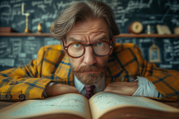Quizzical professor overwhelmed by complex formulas Generative AI image