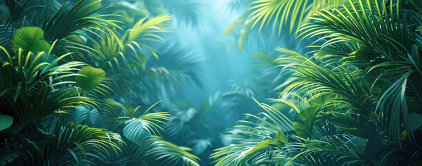 Fototapeta na wymiar palm leaves and bright natural light on a blue background