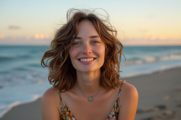Smiling young woman enjoying sunset at the beach