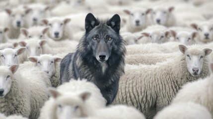 a dark grey wolf in a flock of white sheeps with clean background