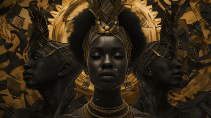 A goddess of African myth with her two servants in golden crown and clothing radiating with beautiful patterns celebrating rich African culture - obrazy, fototapety, plakaty