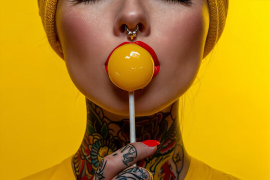 Woman With Lollipop and Yellow Background. Generative AI.