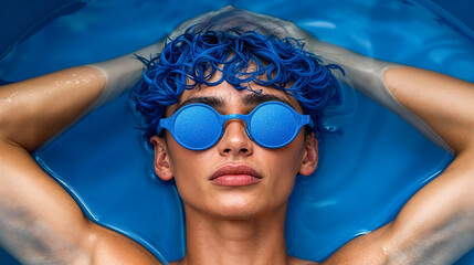 Stylish person relaxing in blue pool with matching sunglasses
