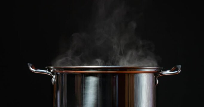 Steaming hot water in a steel pan. Cook lunch and dinner in the kitchen. Steam rises from boiling water against a black background. Cooking dinner from porridge or pasta broth.