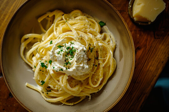 Creamy Italian pasta with fresh herbs and cheese. Generative AI image