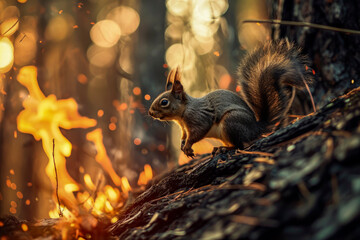 Squirrel in enchanting autumn forest with golden light Generative AI image