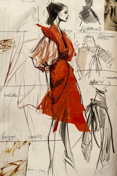 Elegant sketch of woman's red dress with design notes Generative AI image