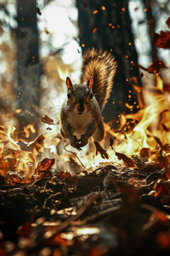 Squirrel leaping amid fiery autumn leaves Generative AI image
