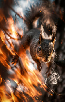 Squirrel amidst flames in a dramatic survival scene Generative AI image