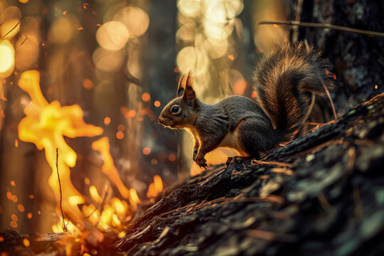 Squirrel in enchanting autumn forest with golden light Generative AI image