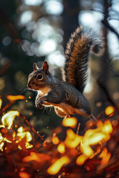 Agile squirrel in sunlit autumn forest Generative AI image
