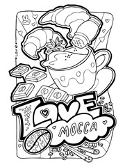 Coffee cup colouring book pages for antistress and relaxation. Hand drawn cartoon line style illustration. Morning ritual for coffee lovers, cafe decoration, restaurant menu, poster print design.