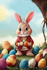 a cute easter rabbit between easter eggs in a sunny spring forrest scene. Comic illustration of an easter rabbit. Generative AI.