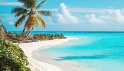 Fototapeta premium Beautiful beach with white sand, turquoise ocean, blue sky with clouds and palm tree over the water on a Sunny day. Maldives, perfect tropical landscape, wide format.