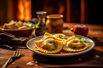 Embark on a gastronomic journey with an image capturing the essence of Italian cuisine delectable raw ravioli enticingly arranged on a rustic wooden table.