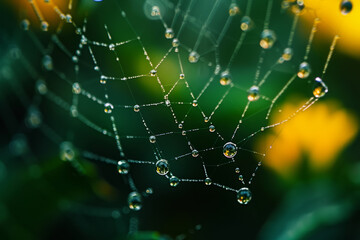 Macro shot of water droplets on a spider web.