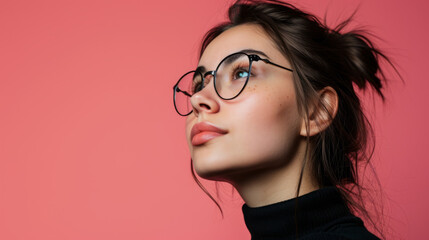 Fototapeta premium Close up Portrait of a female student against a pink studio background