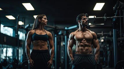Fototapeta na wymiar In the gym, a fit couple dedicates themselves to sculpting muscles through synchronized workouts, embodying a shared commitment to wellness