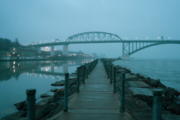 The Peace Bridge on a foggy evening, Buffalo, New York