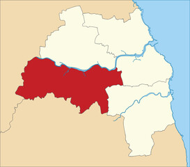 Fototapeta na wymiar Red flat blank highlighted location map of the METROPOLITAN BOROUGH OF GATESHEAD inside beige administrative local authority districts map of Tyne and Wear, England