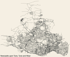 Naklejka premium Street roads map of the METROPOLITAN BOROUGH AND CITY OF NEWCASTLE UPON TYNE, TYNE AND WEAR