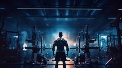 A focused, fit man lifts weights in a gym, showcasing strength and dedication to his fitness routine. Muscles flex with each controlled movement, embodying a commitment to well-being.