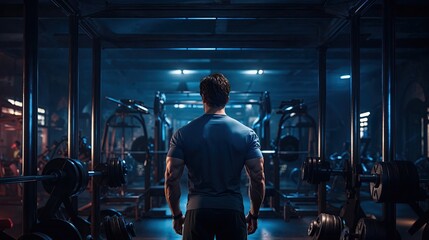 A focused, fit man lifts weights in a gym, showcasing strength and dedication to his fitness...