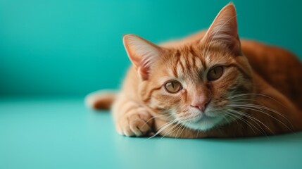 Cute ginger cat lying on turquoise background, selective focus - Generative AI