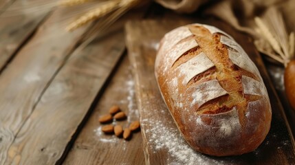 fresh bread on the wooden table, food closeup, rustic style - Generative AI