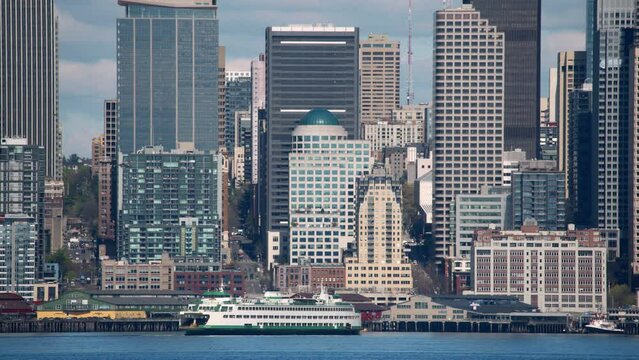 Breathtaking Seattle Waterfront Background with Ferry and Helicopter