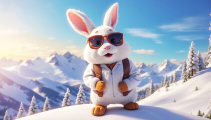 A sweet white Easter bunny in a winter landscape