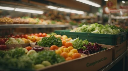 Fototapeta na wymiar Delicious looking vegetables in a vegan or vegetarian supermarket or shop. Generative AI.